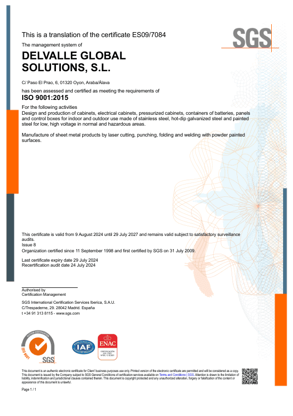 Certificado ISO 9001 para armarios eléctricos y cajas industriales de Delvalle Box, fabricante europ.